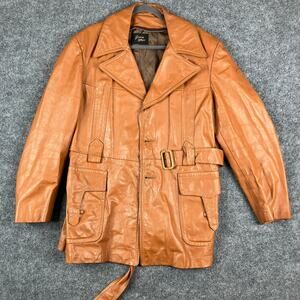 Genuine Leather Jacket Mens Size L Brown Belted Safari Trench 70s Retro Coat